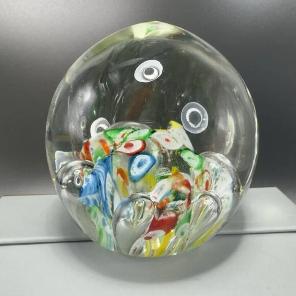 Hand Blown Art Glass Paperweight With Large Bubbles Multicolored‎ Millefiori VTG